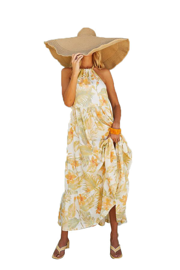 Floral Print Halter Neck Tiered Maxi Dress