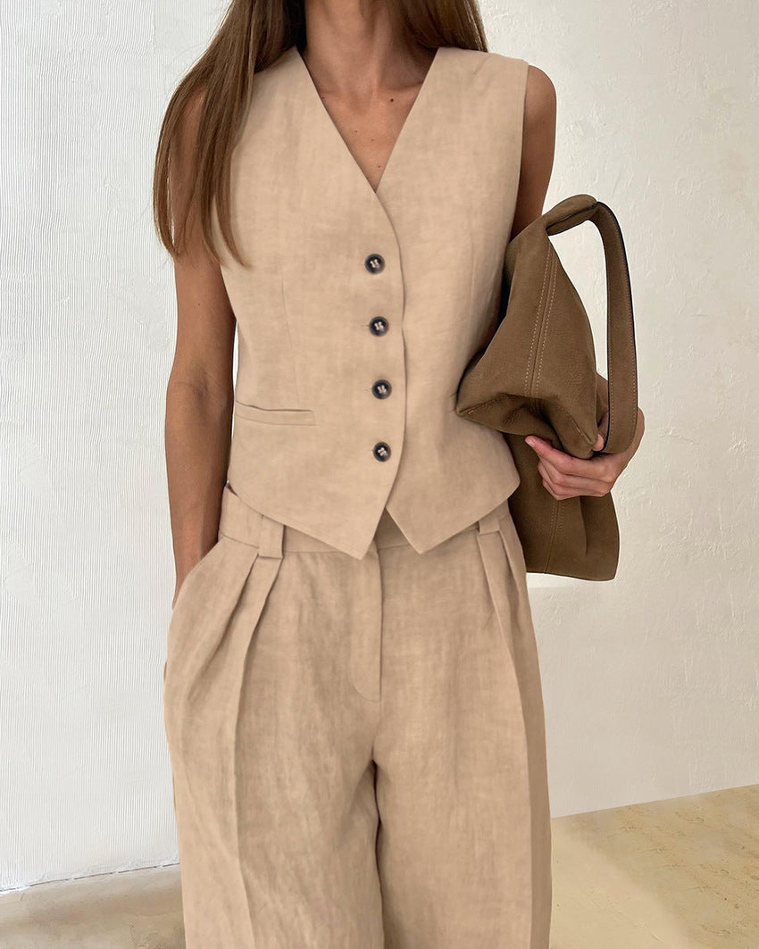 Solid Color V-neck Cotton Linen Vest and Pants Set