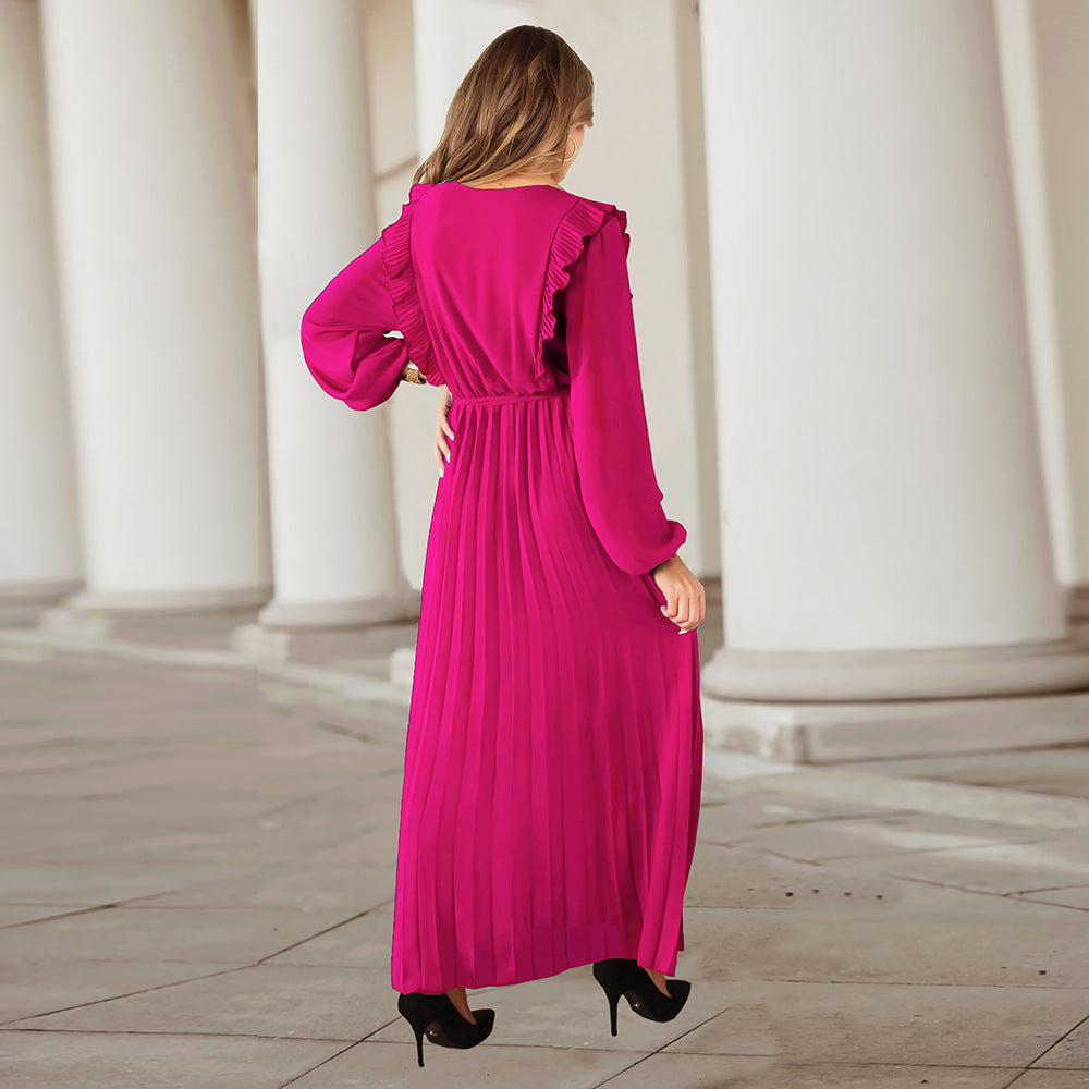 V-Neck Long Sleeve Ruffle Pleated Maxi Dress