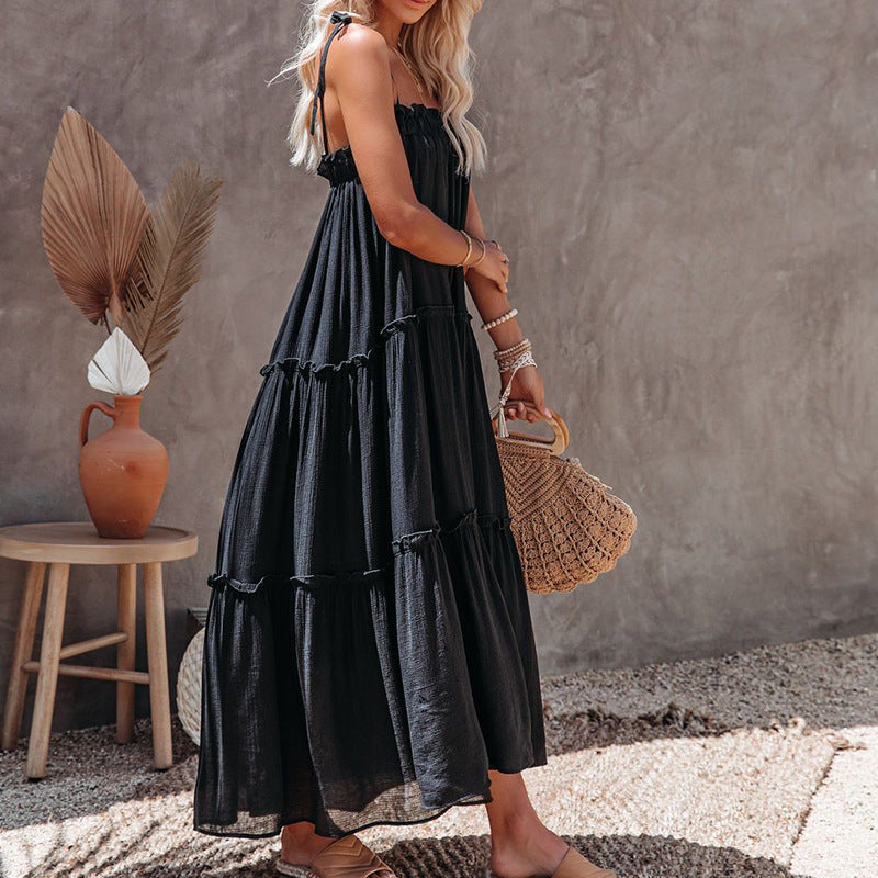 Tie Strap Ruffle Neck Tiered Maxi Dress