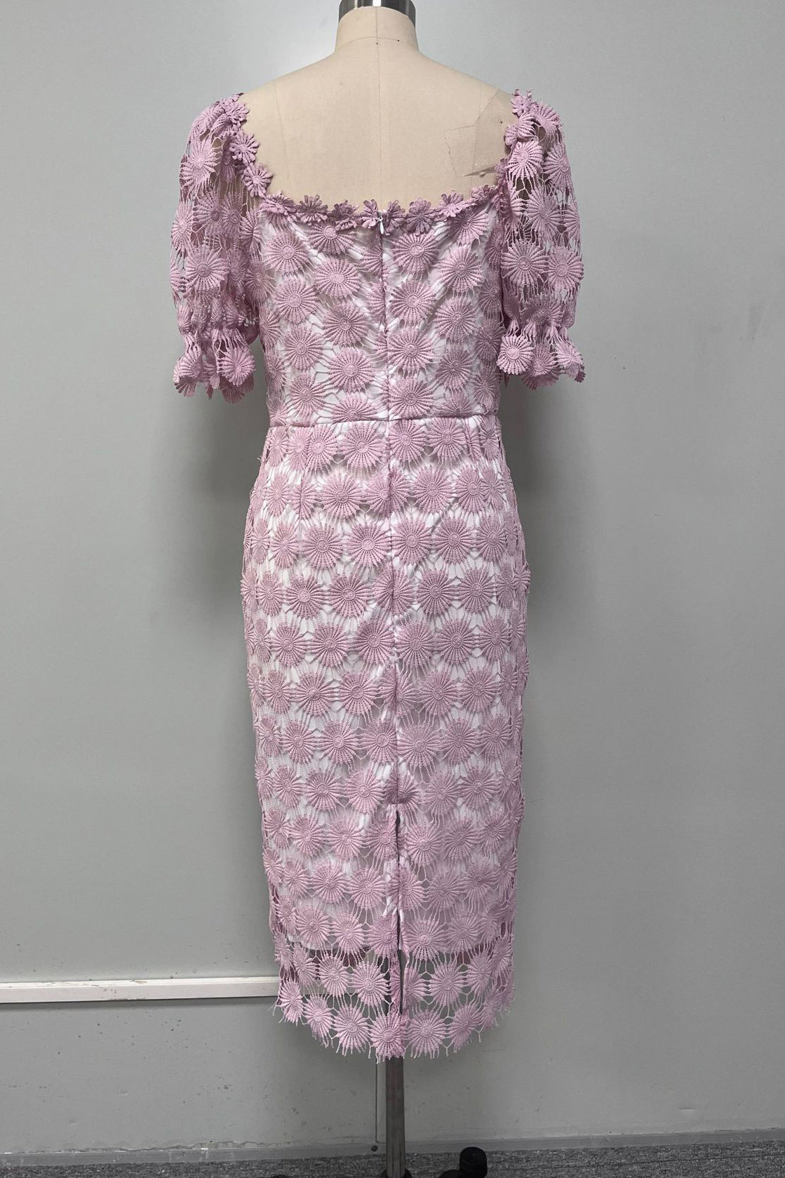 Floral Lace Off-Shoulder Puff Sleeve Bodycon Midi Dress