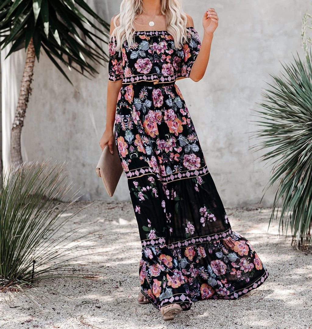 Floral Print Off Shoulder Tiered Maxi Dress