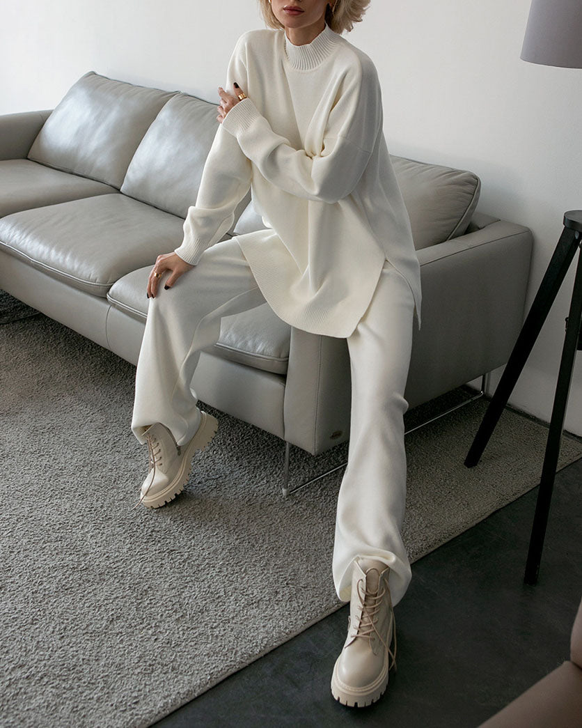 Chic Solid Color Knitted Turtleneck Sweater Set for Fall