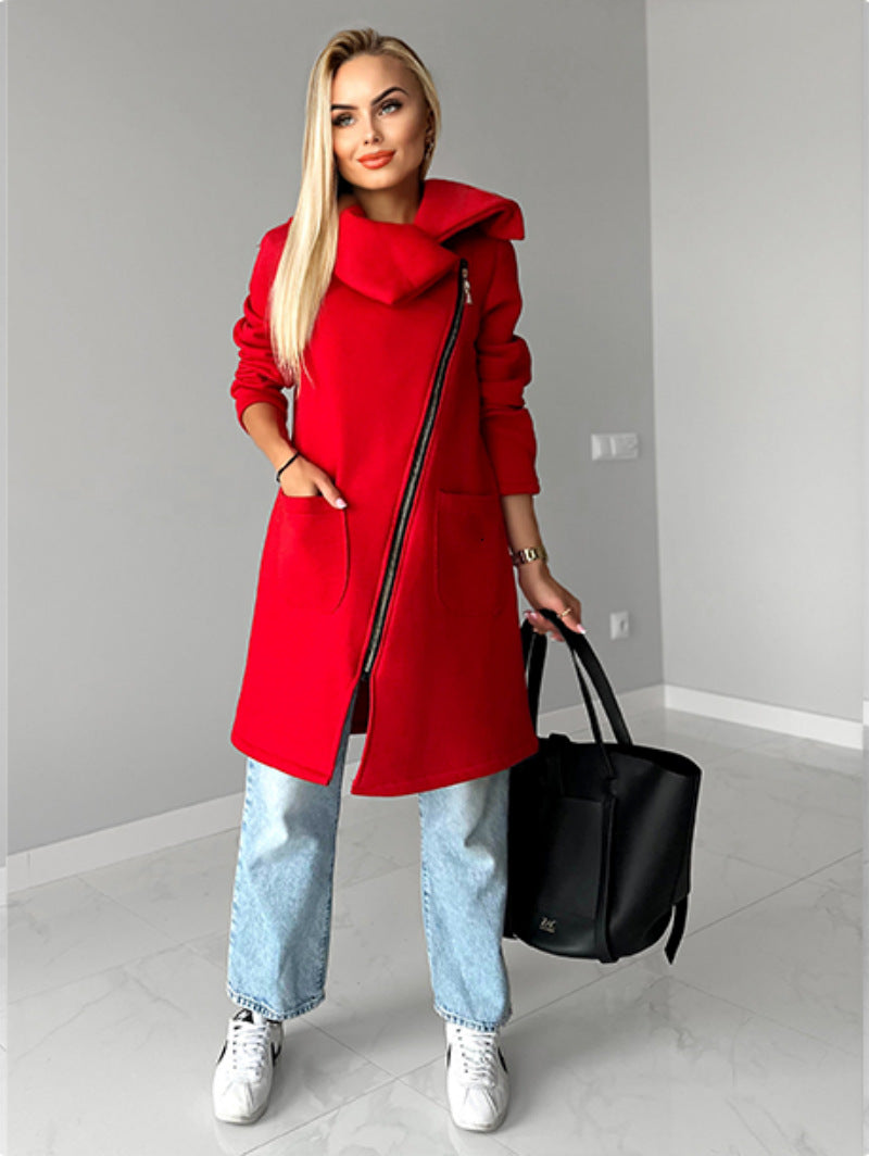 Lapel Mid-Length Fleece Jacket with Oblique Zipper Design