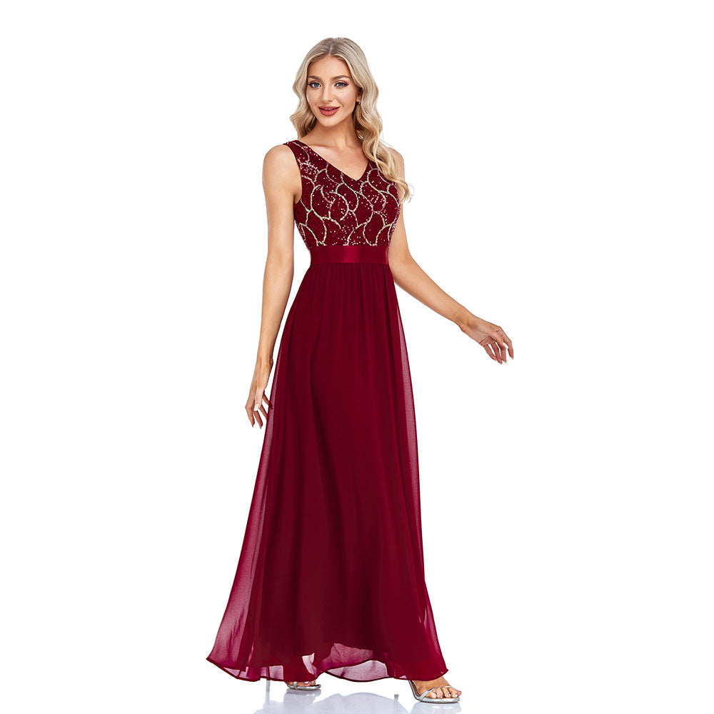 Sequin V-Neck Sleeveless Chiffon A-Line Maxi Gown - View 5
