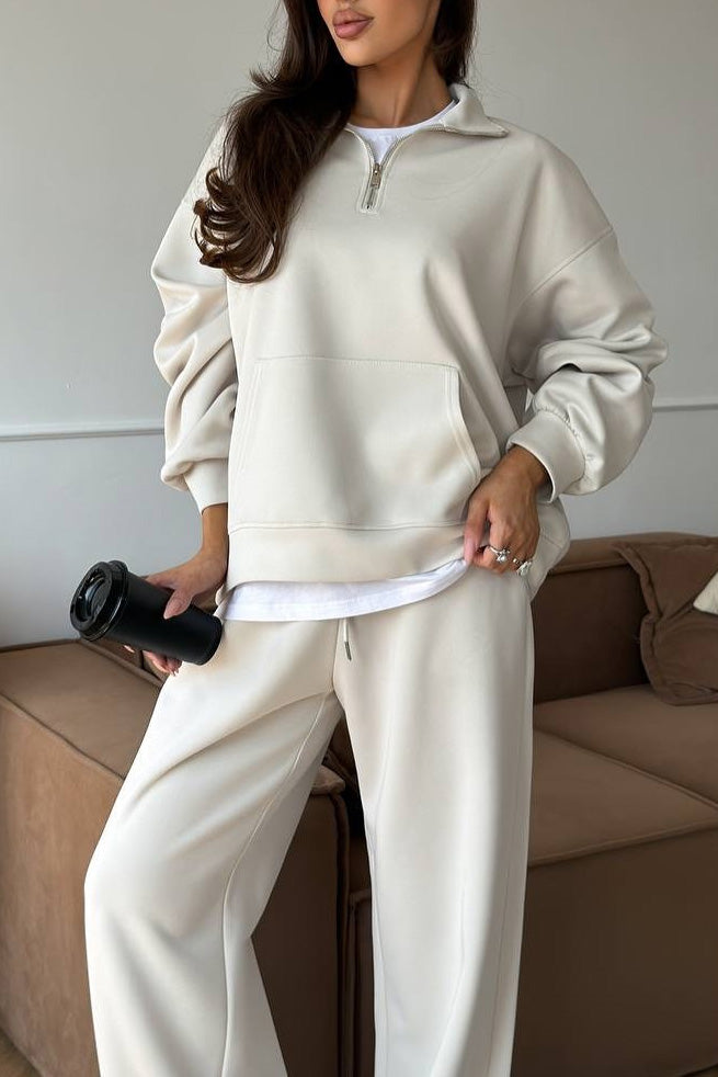 Zippered Half-High Collar Pullover and Wide-Leg Pants Set