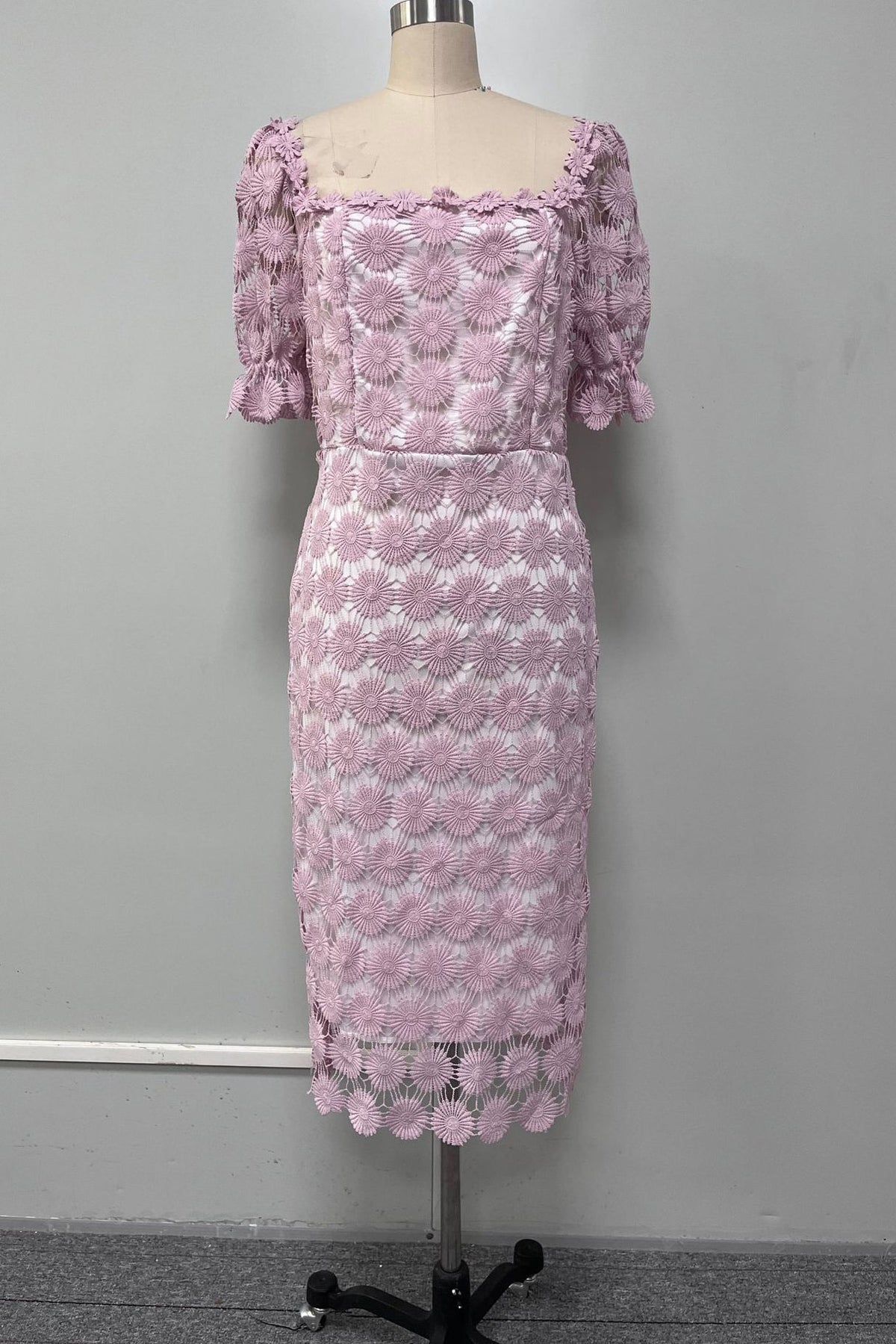 Floral Lace Off-Shoulder Puff Sleeve Bodycon Midi Dress
