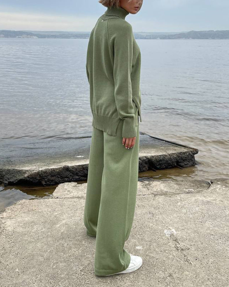 Chic Solid Color Turtleneck Sweater and Trouser Set