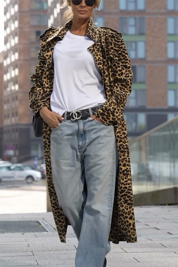 Leopard Print Long Trench Coat for Chic Layering Style