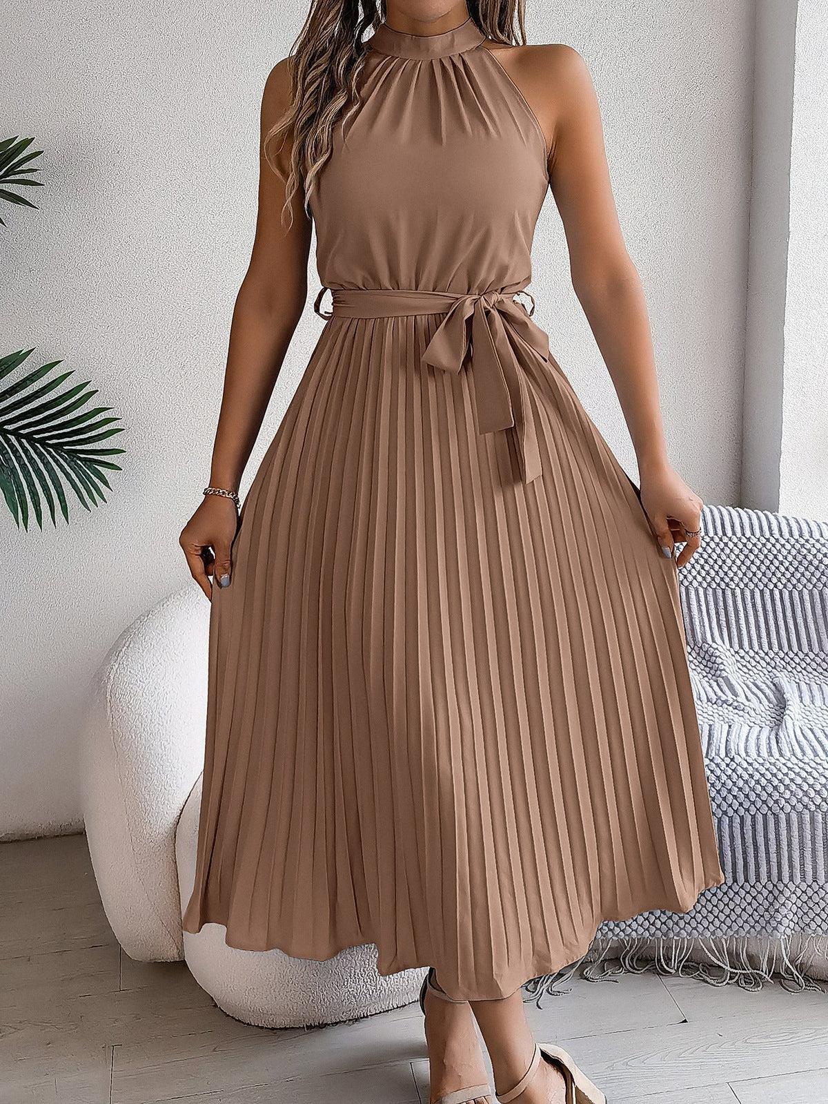 Halter Neck Sleeveless Belted Pleated Midi Dress 6