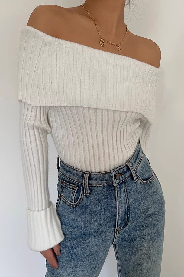 Chic Off Shoulder Rib-Knit Sweater for Effortless Style