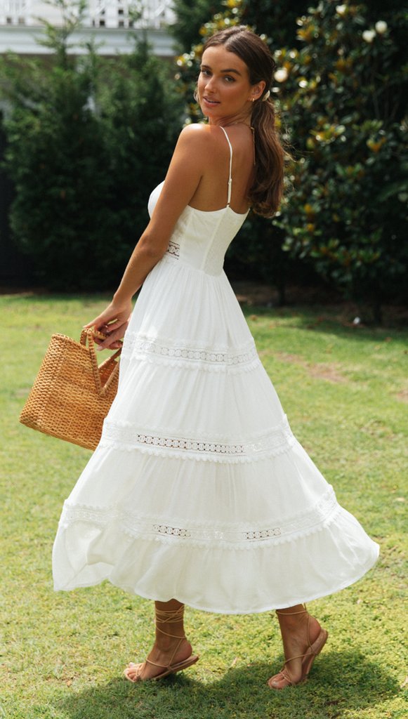 Lace Trim Sweetheart Neck Spaghetti Strap Tiered Maxi Dress