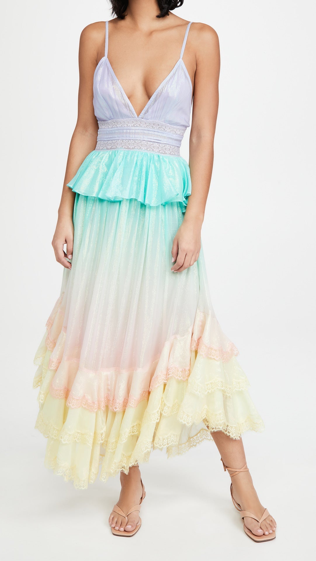 Metallic V-Neck Lace Trim Tiered Maxi Dress