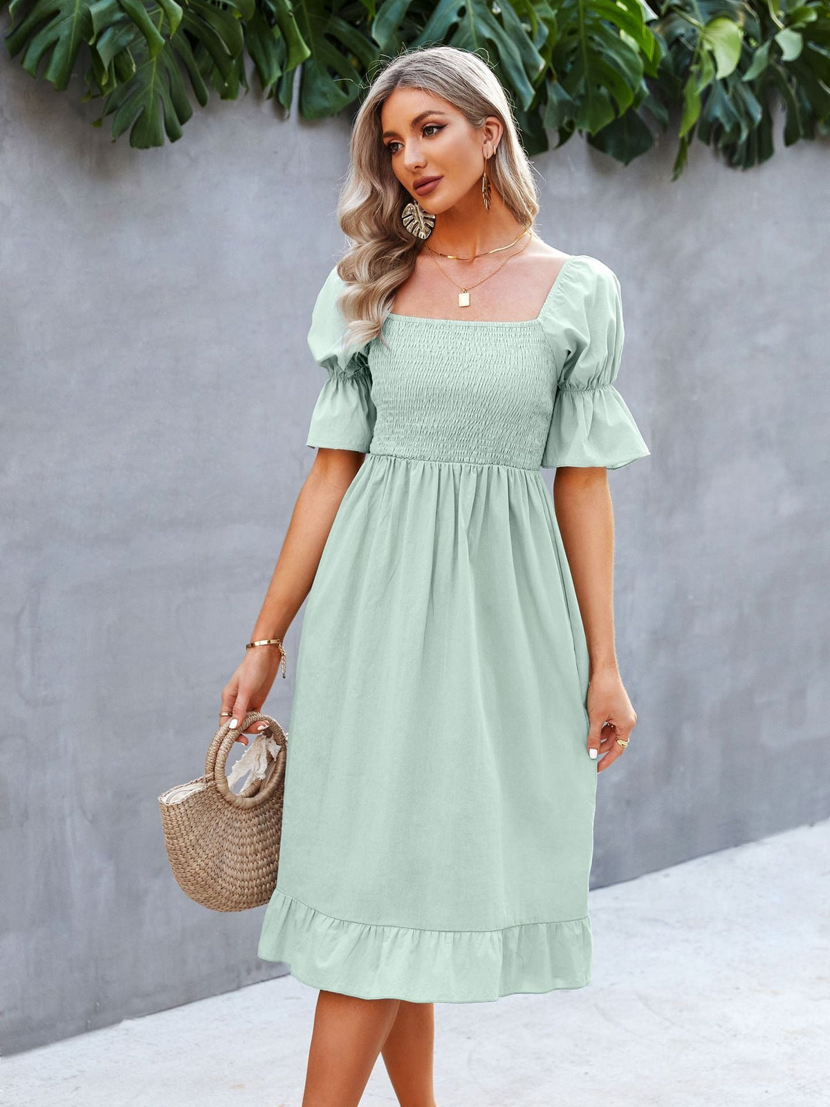 Square Neck Puff Sleeve Smocked Ruffle Midi Dress