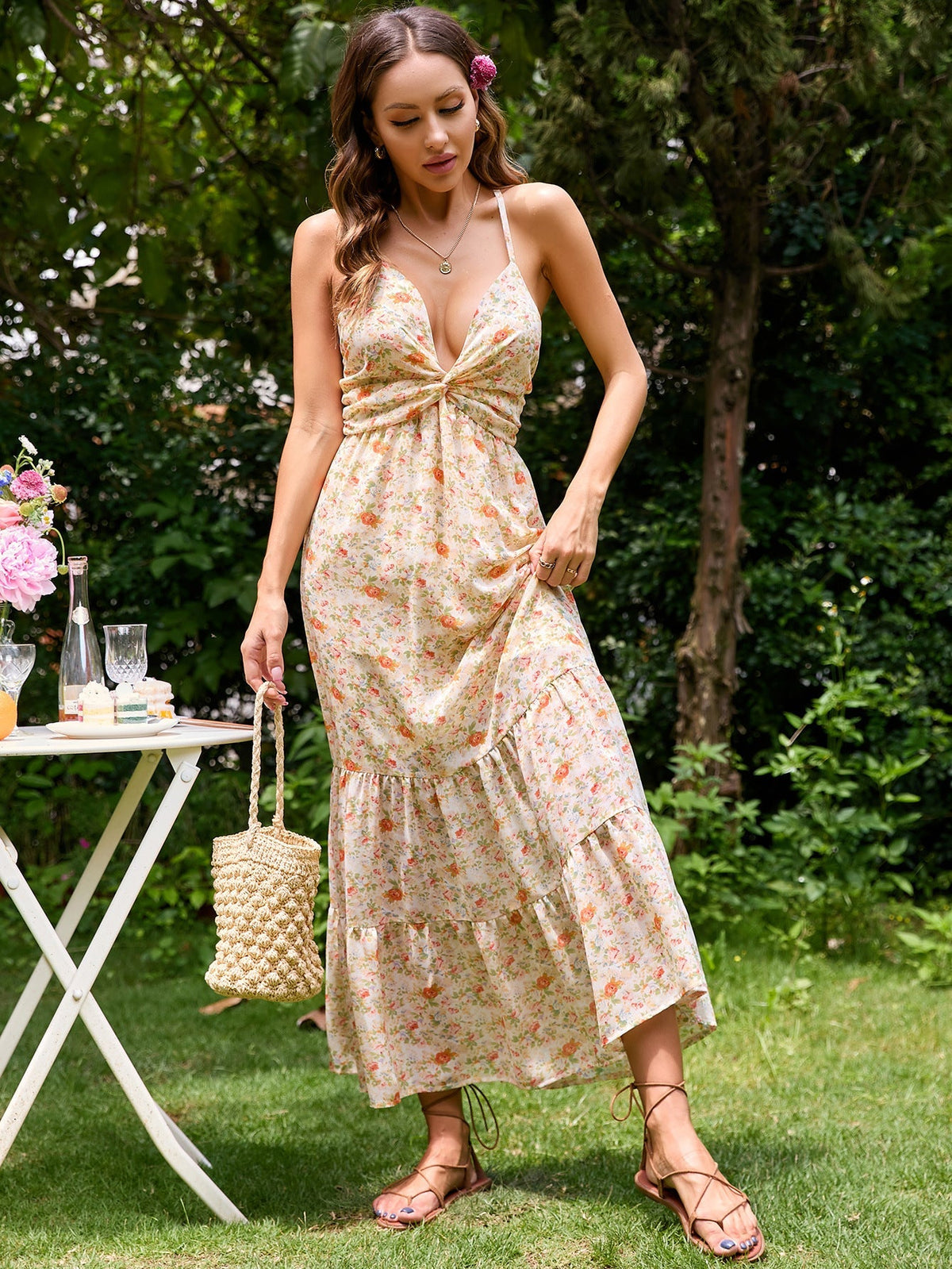 Floral Print Twist Front Deep V-Neck Tiered Maxi Dress