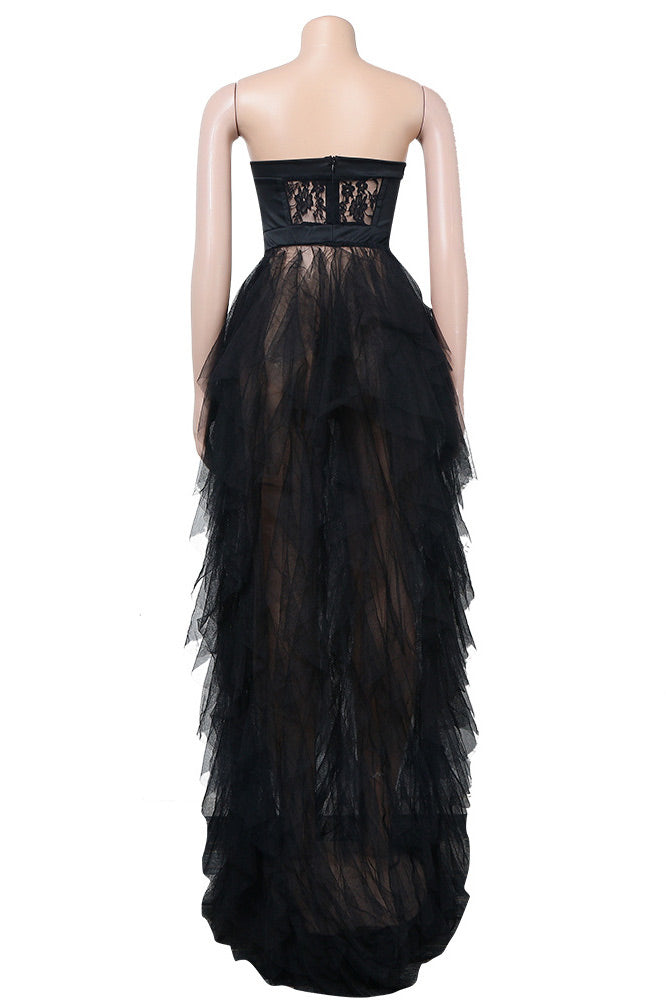 Lace Bustier Strapless Tiered Tulle Maxi Dress