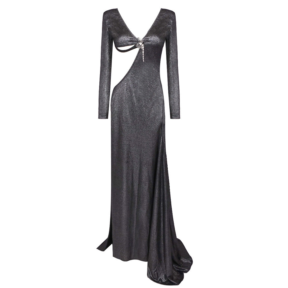 Wear Black Long Sleeve Scorpion Backless Slit Silver Silk Dress - View 6