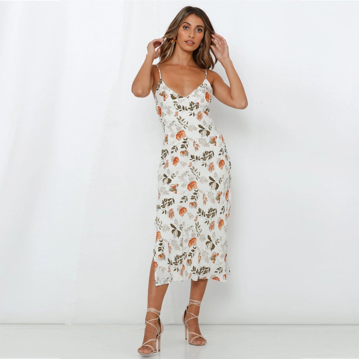 Floral Print V-Neck Sleeveless Slip Midi Dress