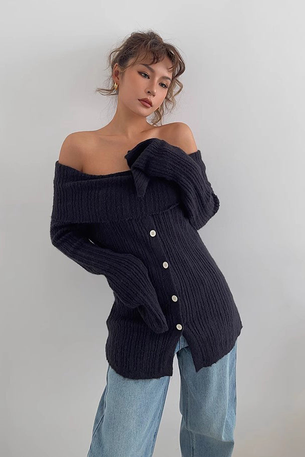Off Shoulder Ruched Sweater with Buttoned Front Detail