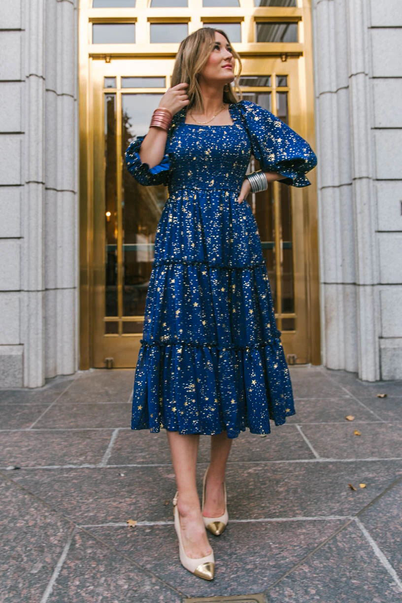 Star Print Square Neck Puff Sleeve Tiered Midi Dress