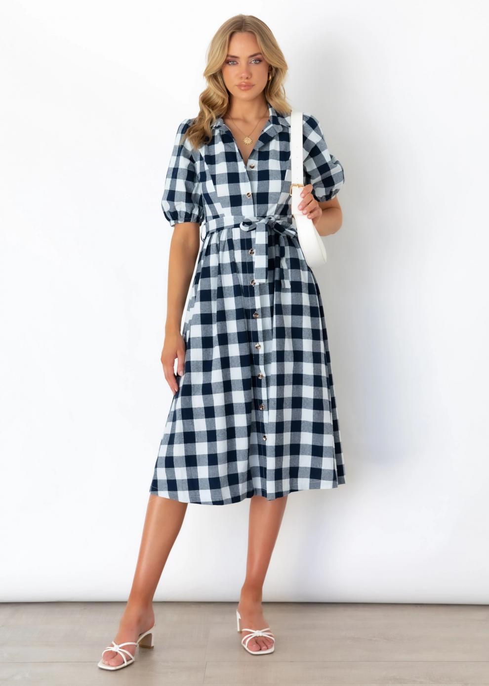 Gingham Collared Puff Sleeve Button-Down Midi Dress