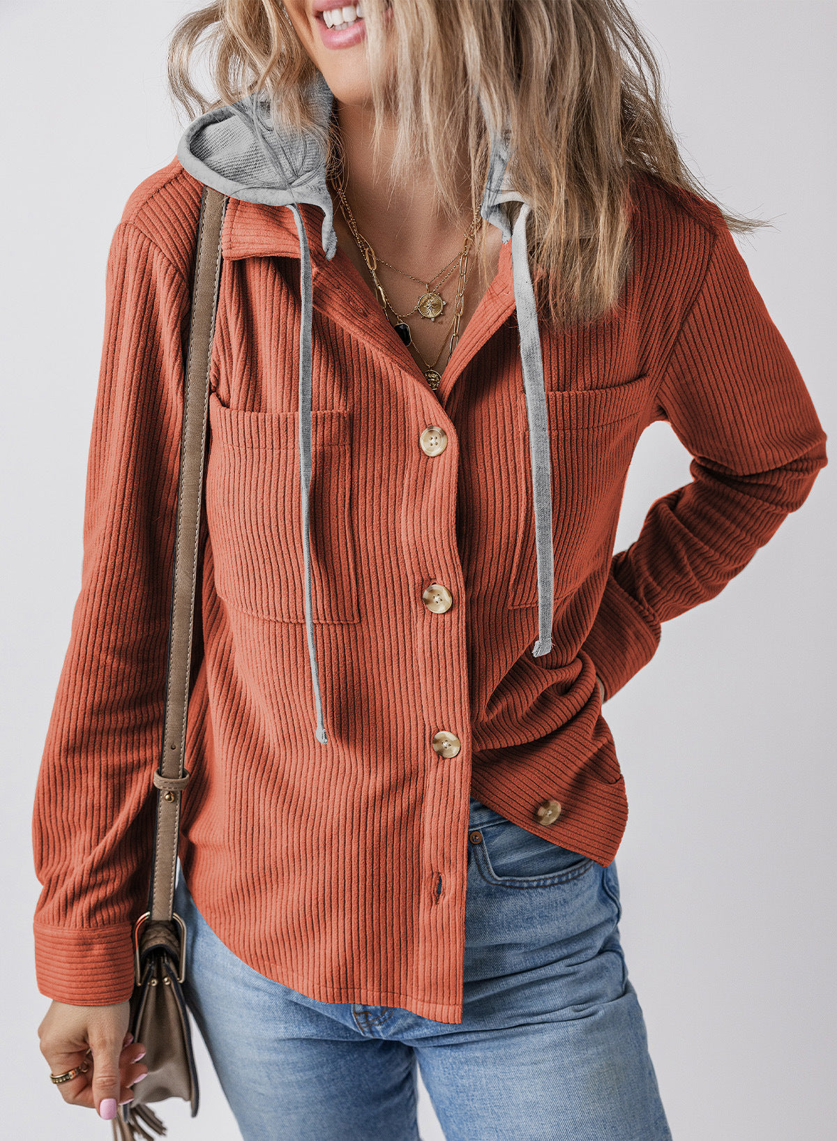 ShoptheCIC Corduroy Hooded Jacket with Stylish Lapel Design