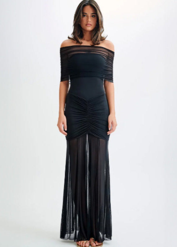 Off Shoulder Ruched Mesh Bust Panel Pleated Mesh Overlay Maxi Gown