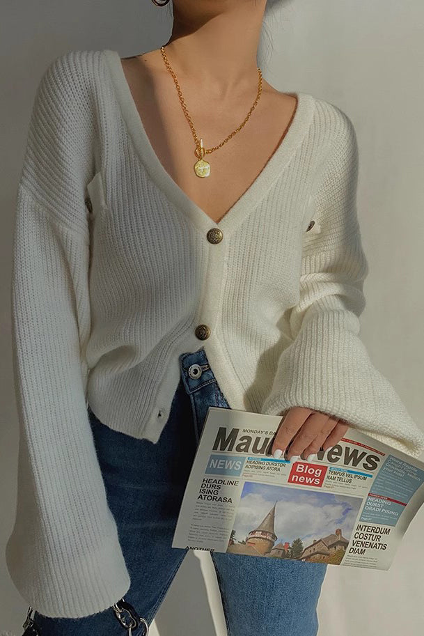Rib-Knit Buttoned V Neck Sweater Cardigan for Everyday Style