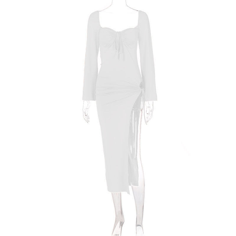 Long Sleeve Lace Up Slim Fit Backless Hollow Out Cutout Split Dress - View 3