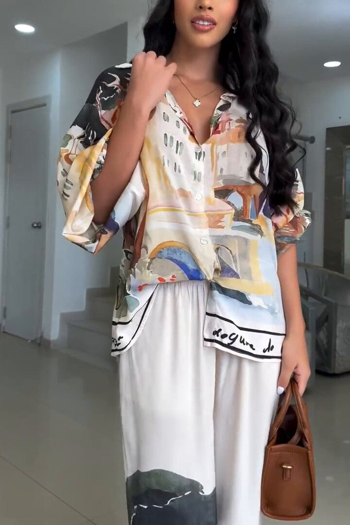 Printed Loose Lantern Sleeve Shirt and Wide-Leg Pants Two-Piece Set