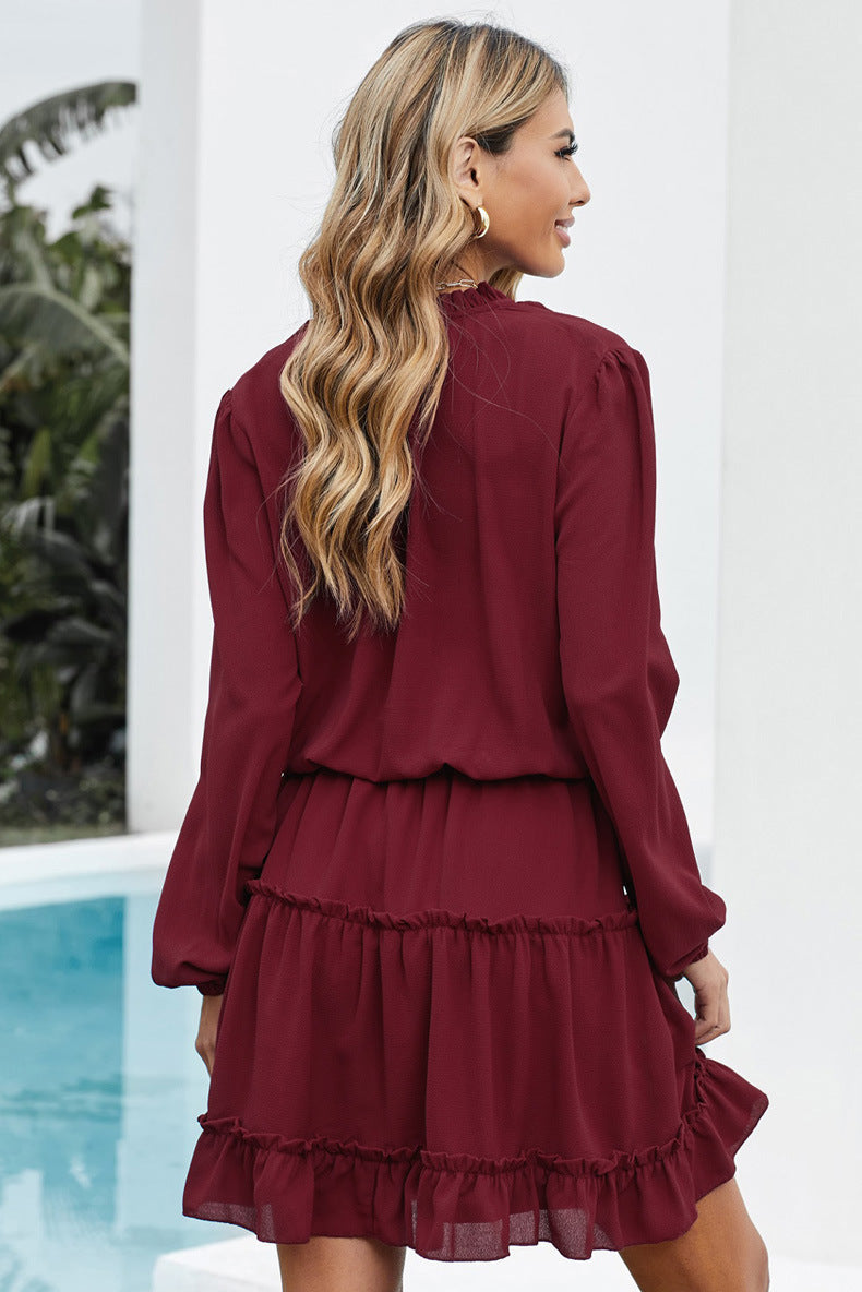 V-Neck Tie Neck Long Sleeve Ruffle Tiered Mini Dress