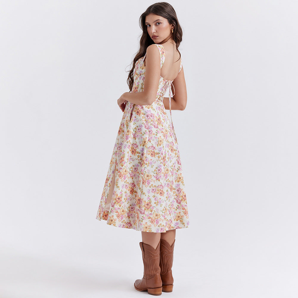 Floral Corset Wide Strap High Split Fit and Flare Midi Dress - View 4
