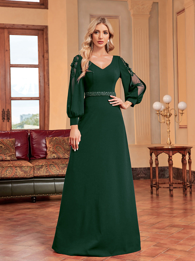 V-Neck Bishop Sleeve Beaded Waist Mermaid Maxi Evening Dress - View 3
