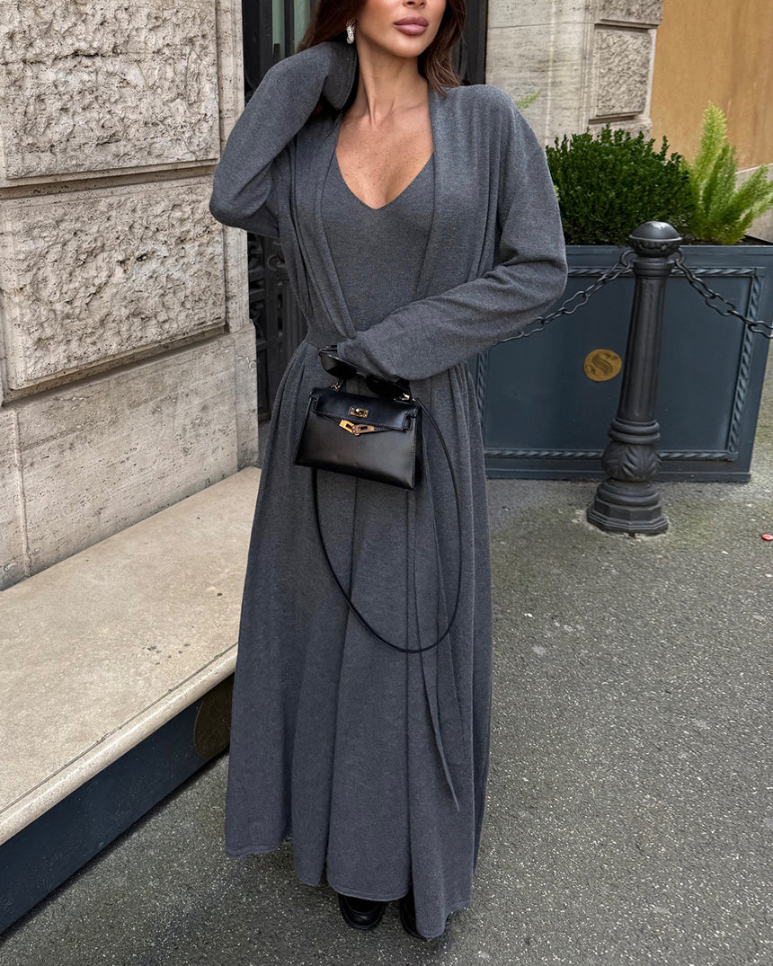 Chic Knitted Long Sleeve Cardigan with Suspender Dress Set