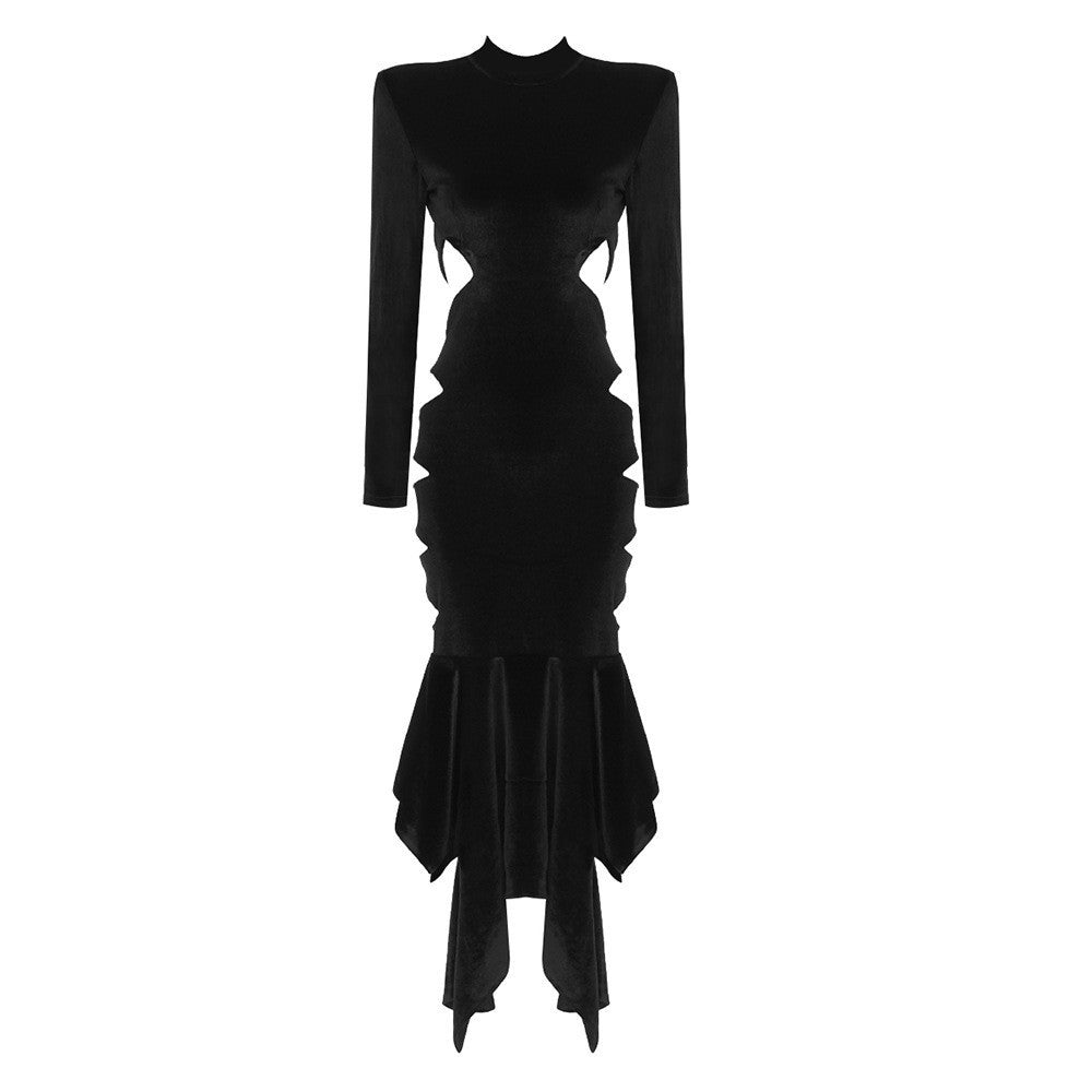 Velvet Long Sleeve Mock Neck Crystal Pendant Waist Midi Dress - View 2