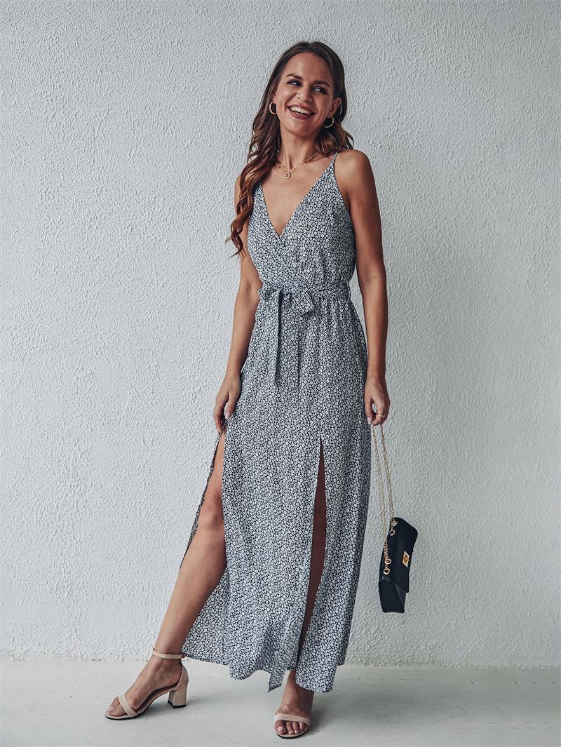 Floral Print V-Neck Wrap Spaghetti Strap Slit Maxi Dress