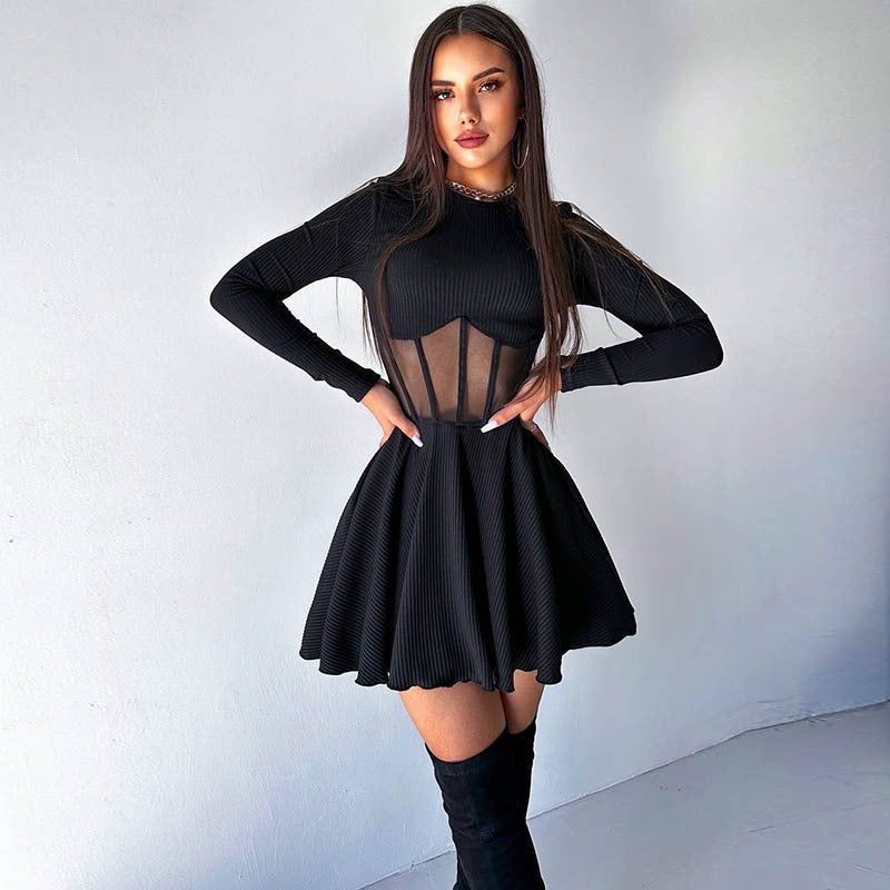 Fall Half High Collar Long Sleeves Mesh Patchwork See through Boning Corset Tight Waist Short Dress - Fashionpara