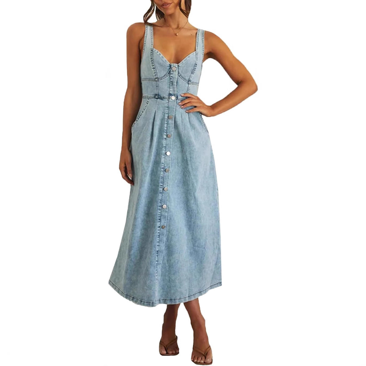 Sweetheart Neck Button Front High Split Denim Midi Dress