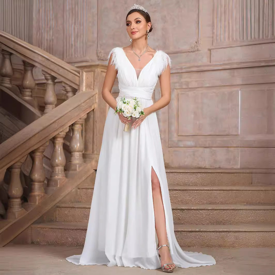 Solid Color V neck Backless Velvet Collar Chiffon Split Elegant Slim Fit Cocktail Evening Dresses - Fashionpara