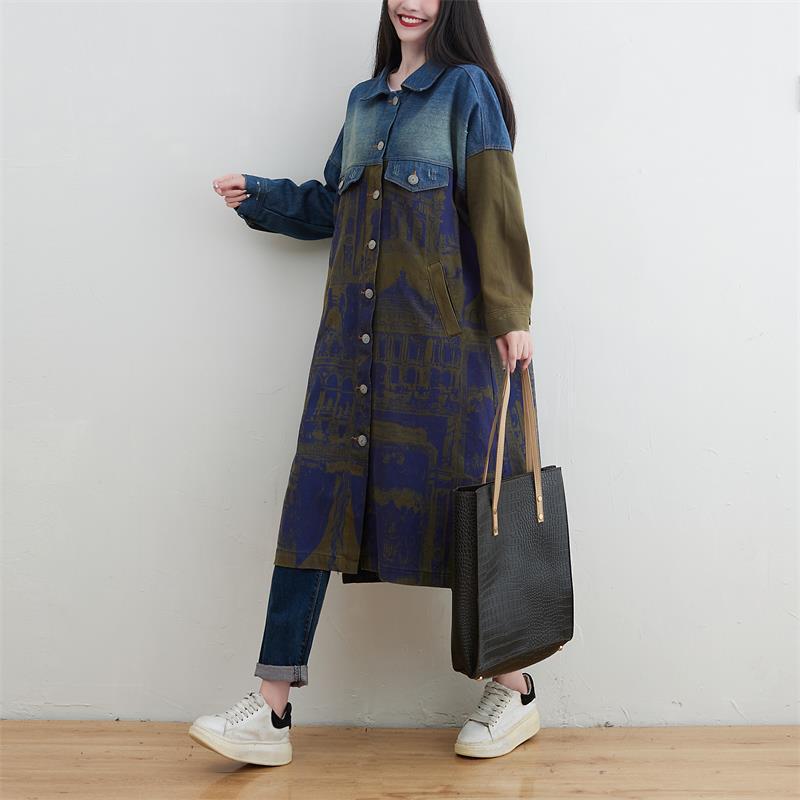 Stylish Knee-Length Patchwork Denim Trench Coat for All Seasons