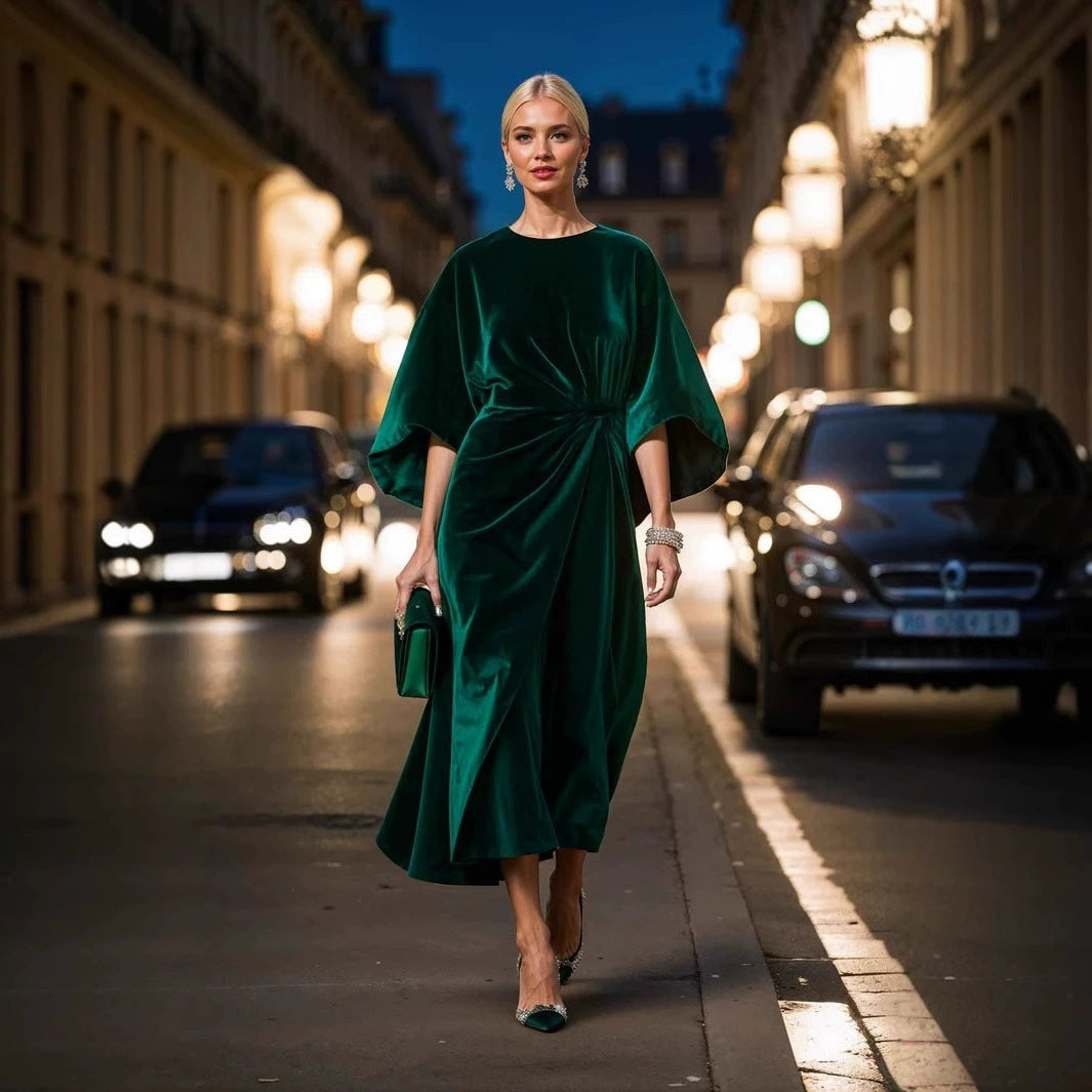 Velvet Round Neck Batwing Sleeve Side Twist Ruched Midi Cocktail Dress - View 2