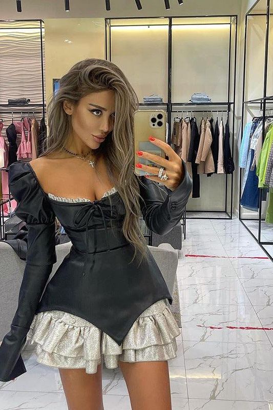 Low-cut lace-up ruffle black leather dress