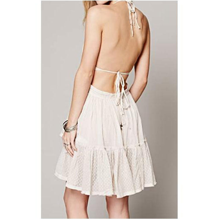 Swiss Dot Plunge Halter High-Low Mini Dress