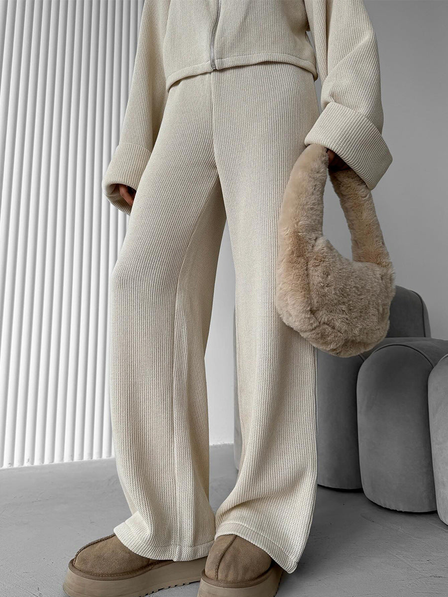 Knitted Long-Sleeve Jacket and Wide-Leg Pants Set for Elegance