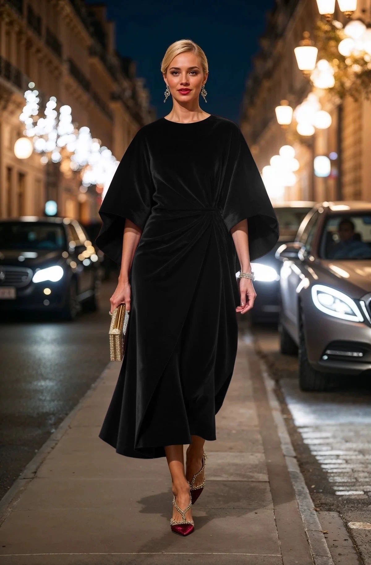 Velvet Round Neck Batwing Sleeve Side Twist Ruched Midi Cocktail Dress - View 8