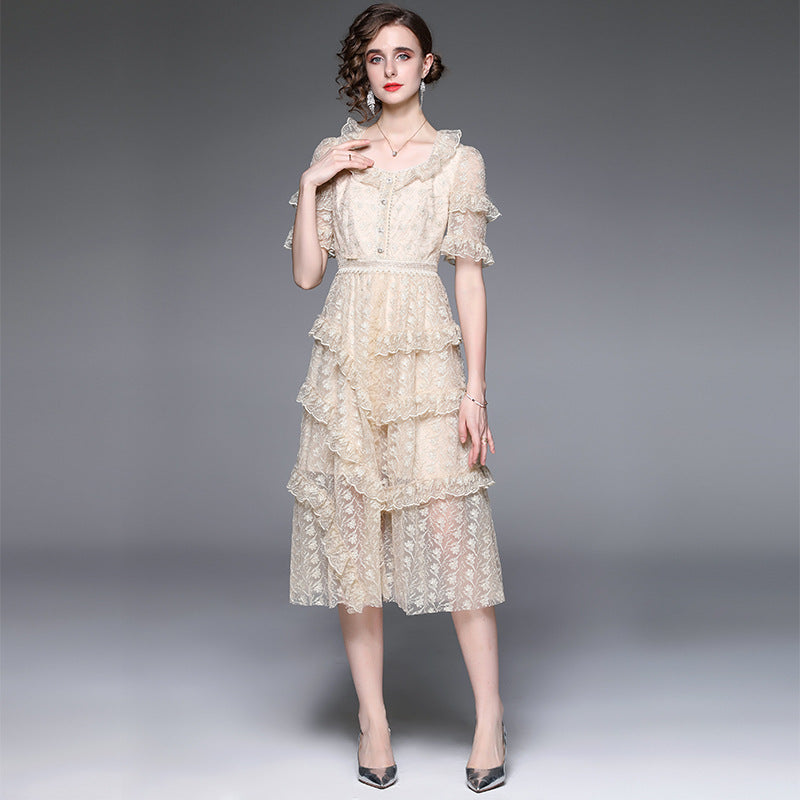 Lace Puff Sleeve Ruffle Tiered Midi Dress