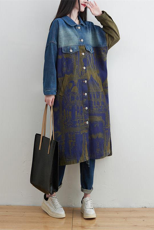 Stylish Knee-Length Patchwork Denim Trench Coat for All Seasons