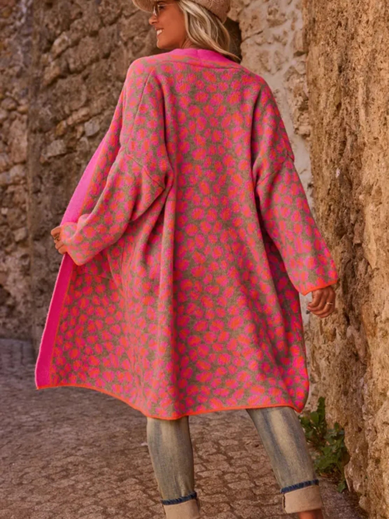 Rose Red Leopard Print Long Sweater Coat for Stylish Comfort