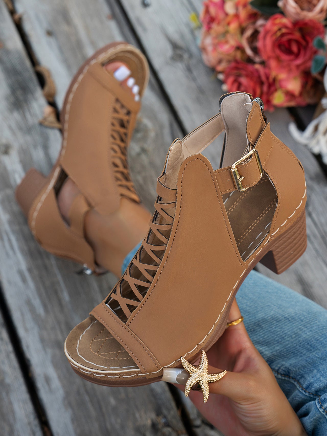 Chunky high heel open toe hollow buckle Roman sandals