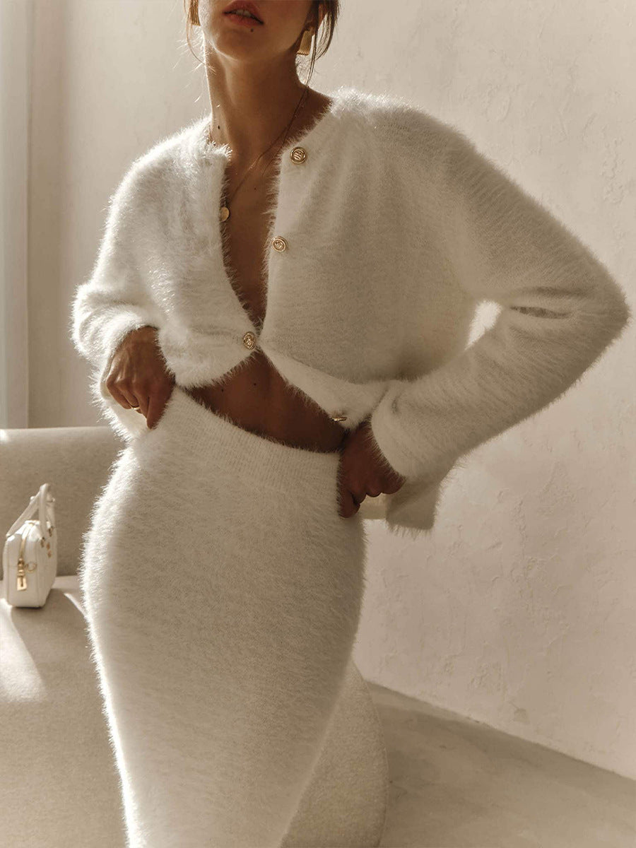 Plush Long-Sleeved Coat and Maxi Skirt Set for Elegance